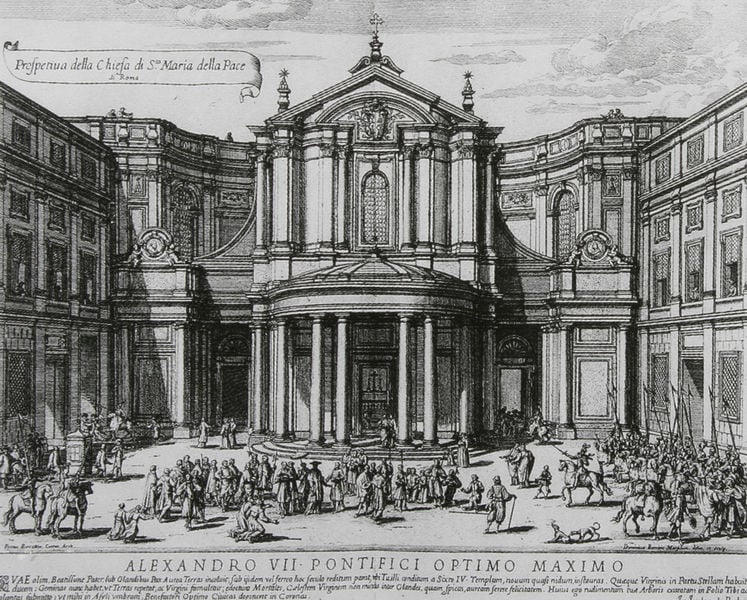 Blick auf Vorplatz und Kirche von S. Maria della Pace, Rom. by Dominique Barrière. 1658. Motifs recorded: säulen, kirche, menschen, architektur, papst, platz, rom, pferde.