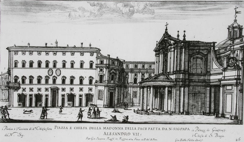 Blick auf Vorplatz und Kirche von S. Maria della Pace und Palazzo Gambirasi, Rom. by Giovanni Battista Falda. 1665–1699. Motifs recorded: kirche, platz, piazza, palast, menschen, hund, säulen, italien.