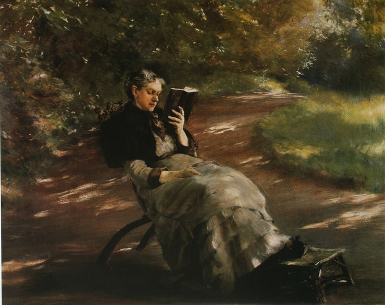 Albertine von Rappard im Rugenpark. by Clara von Rappard. 1880. Motifs recorded: lesen, buch, schatten, weg, frau, licht, grün, stuhl.