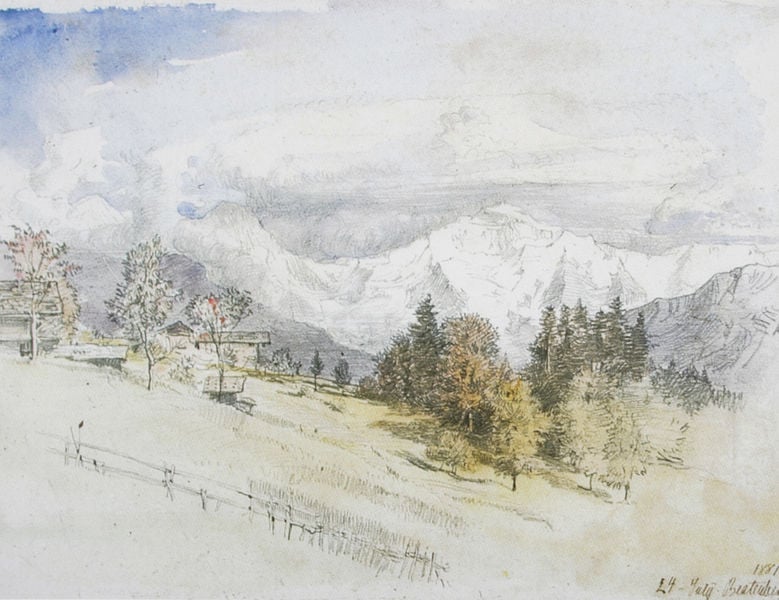 Beatenberg. by Clara von Rappard. 1881. Motifs recorded: berge, zaun, landschaft, bäume, blau, aquarell, himmel, wolken.