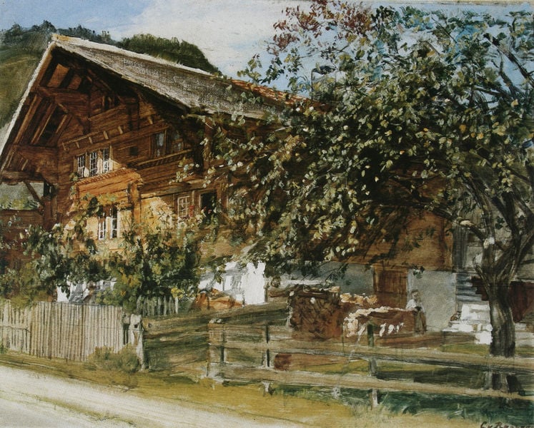 Bauernhaus in Wilderswil. by Clara von Rappard. 1883. Motifs recorded: zaun, fenster, haus, dach, baum, berg, holz, weg.