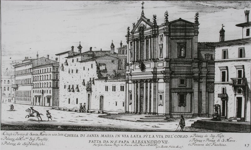 Blick auf S. Maria in Via Lata und die benachbarten Gebäude über den Corso in Rom. by Giovanni Battista Falda. 1665–1699. Motifs recorded: horse, street, building, buildings, city, people, windows, church.