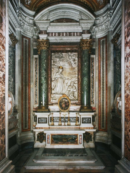 Cappella Gavotti. by Pietro da Cortona. 1662–1679. Motifs recorded: altar, gold, marmor, kirche, grün, säulen, säule, relief.