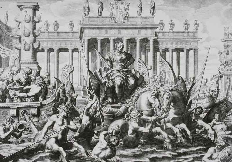 Allegorie zu Ehren von Marc Antonio Colonna. by Johann Friedrich Greuter. 1633. Motifs recorded: pferde, wasser, säulen, menschen, boot, grau, kampf, pferd.