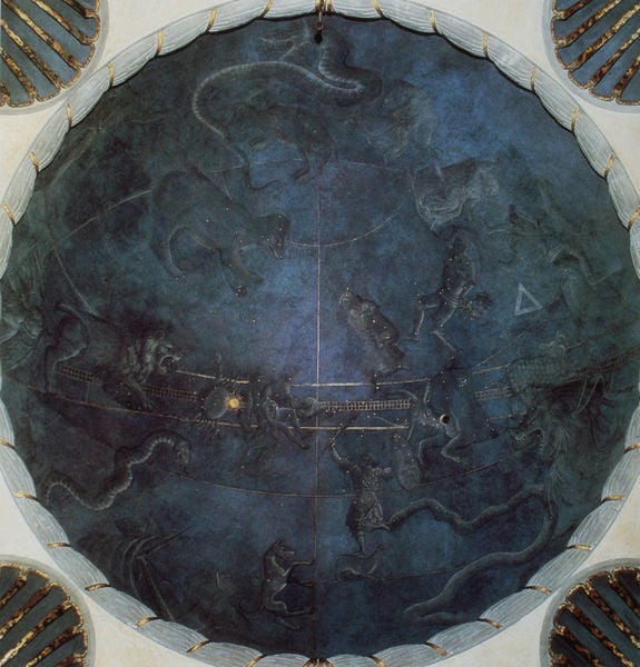 Alte Sakristei - Kuppel des Altarraumes, Sternenhimmel. 1434–1440. Motifs recorded: blau, gold, himmel, schlangen, decke, löwe, sternzeichen, kuppel.