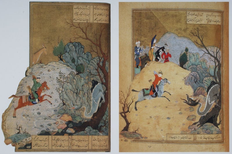 Bahram Gur und der Drache (Titel bezieht sich auf beide Abbildungen). 1442–1495. Motifs recorded: baum, reiter, rot, pferd, drache, buch, schrift, blau.
