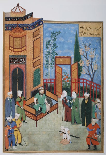 Die Ältesten setzen sich bei Hurmuzd für Khusraw ein. 1494–1495. Motifs recorded: garten, tor, zaun, arabisch, schrift, blau, rot, asian.