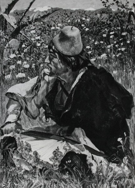 Albanese auf der Lauer. by Frank Buchser. 1884. Motifs recorded: mann, profil, wiese, berge, blumen, rock, hut, himmel.