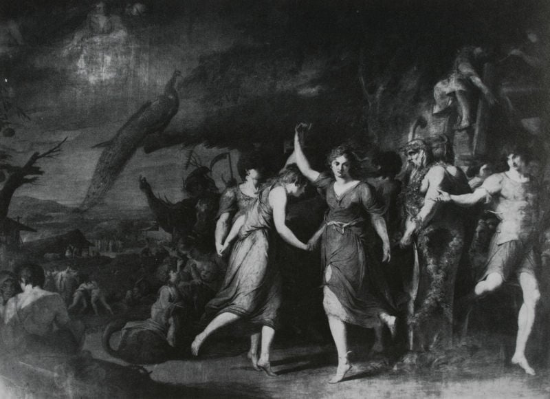 A Grecian Harvest-Home oder Thanksgiving to the Rural Dieties, Ceres, Bacchus, etc,. by James Barry. 1774–1776. Motifs recorded: pfau, tanz, frauen, reigen, baum, landschaft, männer, frau.