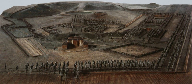 Holzmodell des Gartens mit Schloss. 1746–1748. Motifs recorded: bäume, hügel, allee, park, braun, landschaft, schloss, garten.