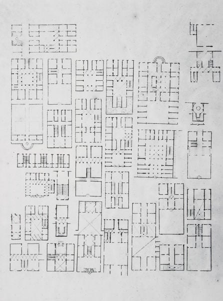 Grundriss-Studien nach J.N.I. Durand. by Friedrich von Gärtner. 1812–1814. Motifs recorded: grundriss, zeichnung, plan, schwarz, häuser, skizze, stadt, gebäude.