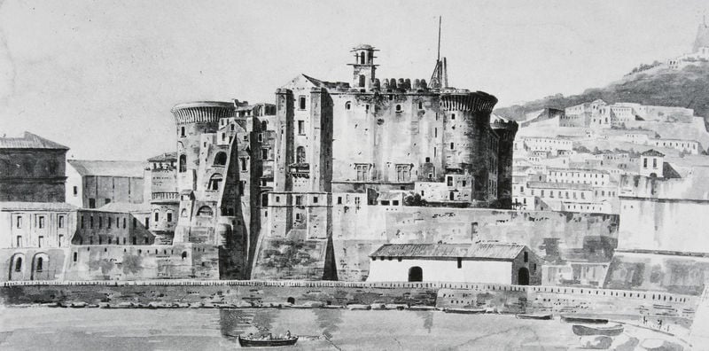 Ansicht des Castello Nuovo in Neapel. by Friedrich von Gärtner. 1815–1817. Motifs recorded: festung, boot, stadt, berg, burg, turm, fenster, hügel.