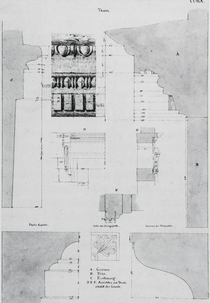 Bauaufnahme vom Herkules-Tempel in Cori/Latium. by Friedrich von Gärtner. 1815–1817. Motifs recorded: plan, grundriss, schrift, skizze, fries, zeichnung, maße, grau.