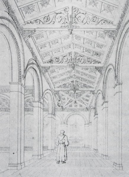 Arkadengang im Südfriedhof in München. by Friedrich von Gärtner. 1842–1850. Motifs recorded: mönch, zeichnung, decke, kutte, kirche, säulen, bögen, pfeiler.