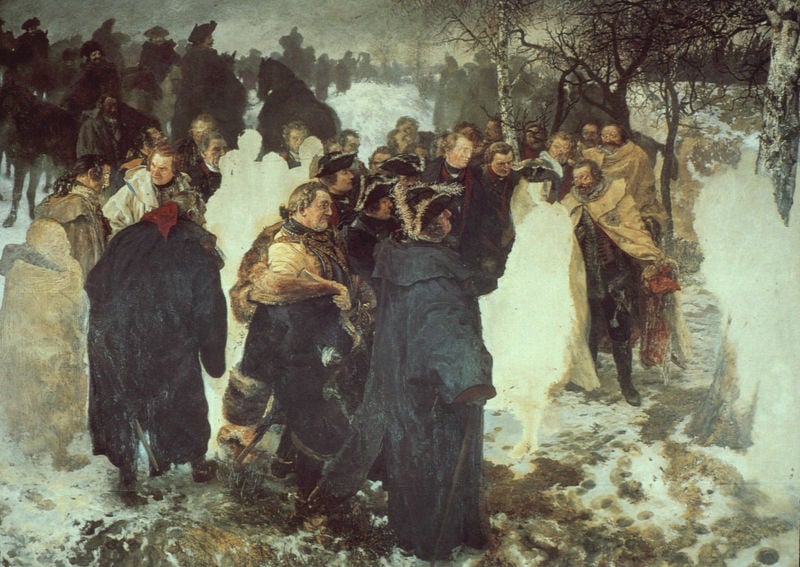 Ansprache Friedrichs II. an seine Generäle vor der Schlacht bei Leuthen (1757). by Adolph Menzel. 1858–1861. Motifs recorded: schnee, winter, männer, bäume, birken, krieg, mäntel, soldaten.