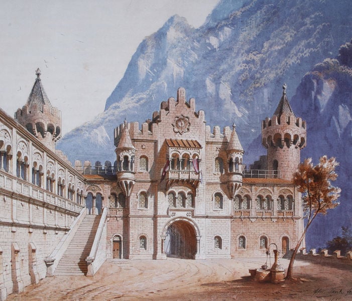 Ansicht des Torbaus von Neuschwanstein mit dem unteren Burghof. by Christian Jank. 1870. Motifs recorded: baum, treppe, burg, tor, türme, schloss, fenster, brunnen.