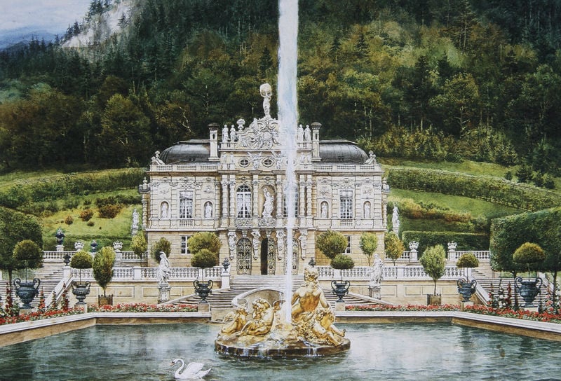 Ansicht der Hauptfassade von Schloss Linderhof. by Heinrich Breling. 1882. Motifs recorded: schwan, wald, brunnen, schloss, fontäne, wasser, bäume, berg.