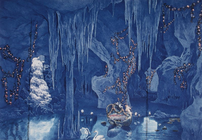 Ansicht der Linderhofer Grotte in Blauer Beleuchtung. by Heinrich Breling. 1881. Motifs recorded: blau, boot, eis, blumen, grotte, höhle, grotte, schwäne.