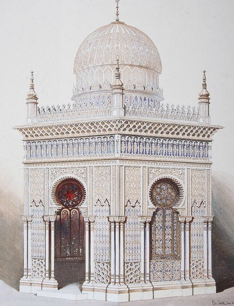 Ansicht des maurischen Kiosks im Wintergarten Ludwigs II.. by Christian Jank. 1869. Motifs recorded: kuppel, säulen, moschee, fenster, orient, architektur, blau, rot.