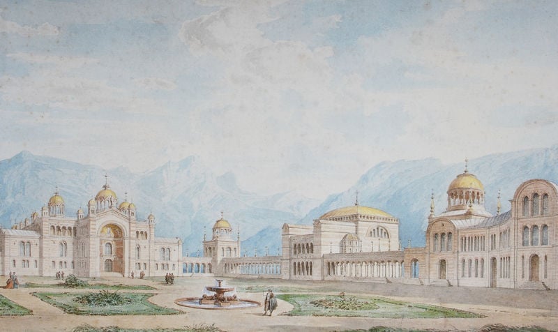 Erstes Projekt eines Byzantinischen Palasts. by Georg Dollmann. 1869. Motifs recorded: brunnen, himmel, garten, berge, palast, park, gold, kuppeln.