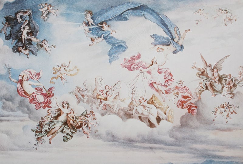 Entwurf zum Deckengemälde des Salon de l'Oeil-de-Boeuf in Herrenchiemsee mit der Darstellung ""Aurora und Asträos"". by Eduard Schwoiser. 1879–1881. Motifs recorded: himmel, engel, blau, wolken, putti, rosa, gemälde, putten.