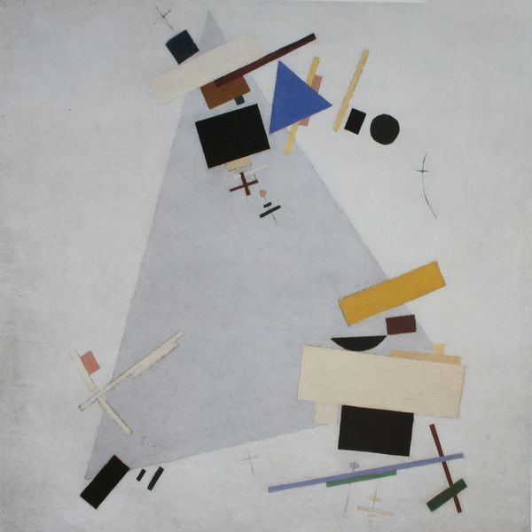 Dynamischer Suprematismus (Supremus Nr. 57). by Kasimir Malevich. 1916. Motifs recorded: blau, schwarz, gelb, kreis, abstrakt, dreiecke, weiß, dreieck.