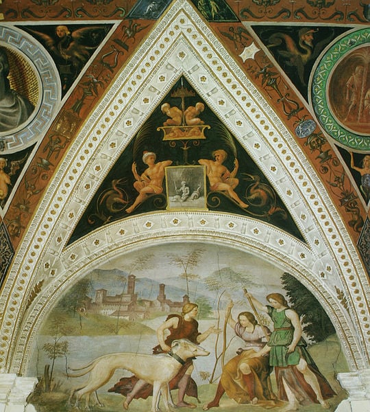 Sala della Scalcheria, Lünette mit Jagdszene. by Lorenzo Leonbruno. 1522. Motifs recorded: hund, engel, frauen, hunde, stadt, fluss, fresko, jagd.
