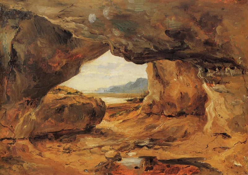 An der Küste. by Théodore Rousseau. 1831. Motifs recorded: höhle, braun, landschaft, fels, boote, felsen, berge, wasser.
