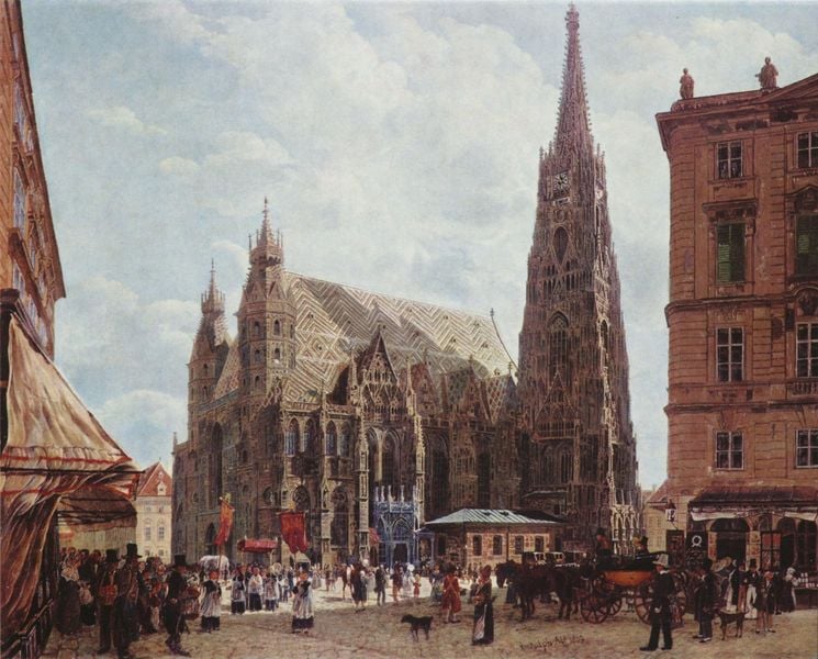 Der Stephansdom vom Stock im Eisenplatz. by Rudolf Ritter von Alt. 1832. Motifs recorded: church, dom, people, cathedral, kirche, dog, platz, menschen.