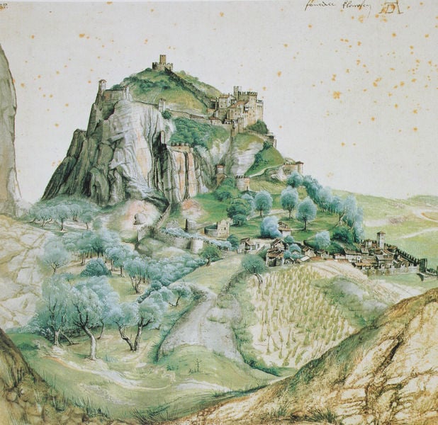 Ansicht von Arco. by Albrecht Dürer. 1495. Motifs recorded: berg, burg, grün, bäume, landschaft, felsen, dorf, stadt.