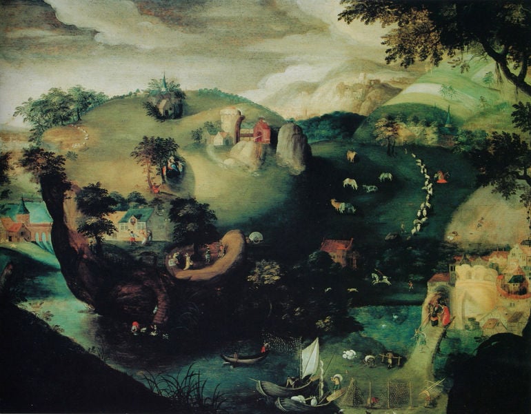 Anthropomorphe Landschaft, Frauenkopf. 1550–1600. Motifs recorded: landschaft, gesicht, himmel, baum, schiffe, grün, tiere, bäume.
