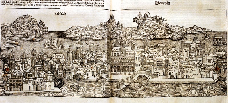 Ansicht von Venedig. by Michael Wolgemut. 1493. Motifs recorded: venedig, stadt, insel, wasser, säulen, segel, boote, türme.