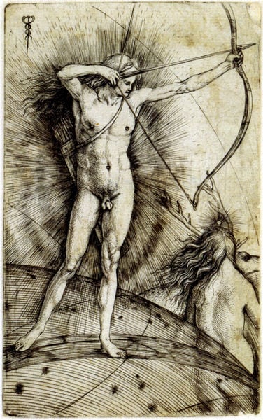Apollo und Diana. by Jacopo De' Barbari. 1502–1504. Motifs recorded: bogen, pfeil, nackt, frau, mann, geweih, haare, akt.