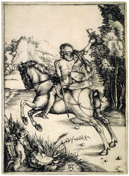 Galoppierender Reiter (Der kleine Kurier). by Albrecht Dürer. 1495–1497. Motifs recorded: reiter, pferd, dürer, bäume, weg, gras, schwert, berg.