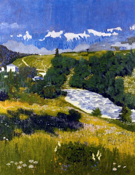 Sommermorgen. by Giovanni Giacometti. 1903. Motifs recorded: landscape, flowers, trees, river, mountains, house, green, blue.