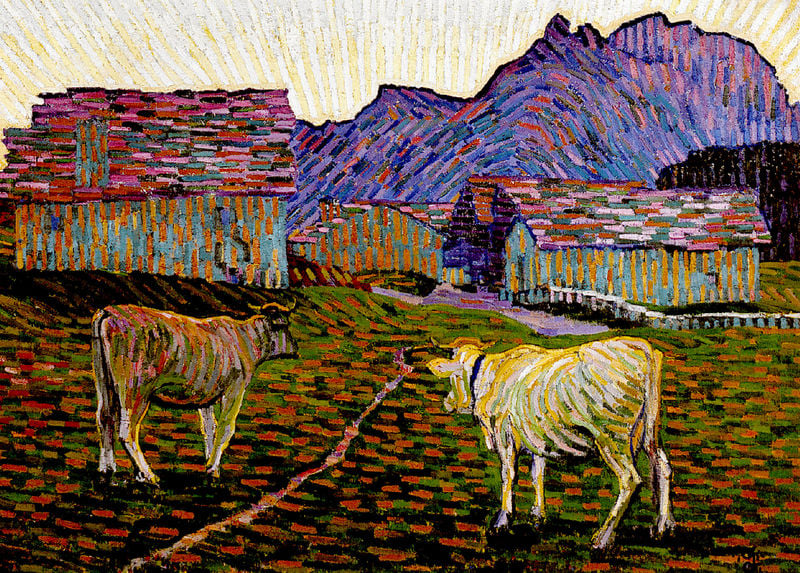 Abend auf der Alp. by Giovanni Giacometti. 1906. Motifs recorded: kühe, berge, blau, bunt, häuser, landschaft, striche, kuh.