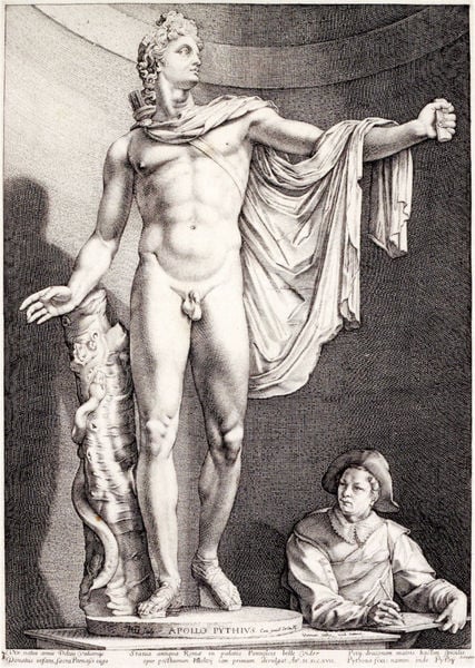Apollo, Belvedere. by Hendrik Goltzius. 1592. Motifs recorded: nackt, statue, mann, hut, schlange, apoll, umhang, zeichner.