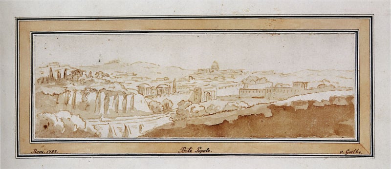Blick auf Rom mit der Porta del Popolo. by Johann Wolfgang Goethe. 1787. Motifs recorded: landschaft, rom, rahmen, stadt, kuppel, hügel, zeichnung, goethe.