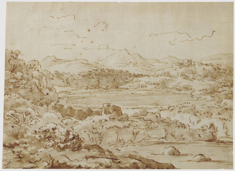 Agnano-See bei Pozzuoli. by Johann Wolfgang Goethe. 1787. Motifs recorded: landschaft, himmel, see, berge, wolken, burg, braun, bäume.