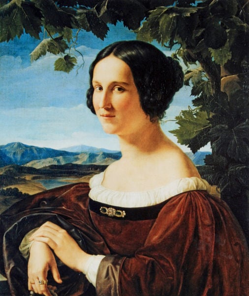 Bildnis einer Römerin. by Wilhelm Schadow. 1831. Motifs recorded: berge, frau, blätter, hände, blick, wein, ringe, kleid.