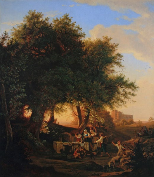 Am Brunnen bei Grotta Ferrata. by Adrian Ludwig Richter. 1833–1835. Motifs recorded: bäume, himmel, wolken, frauen, landschaft, brunnen, kinder, baum.