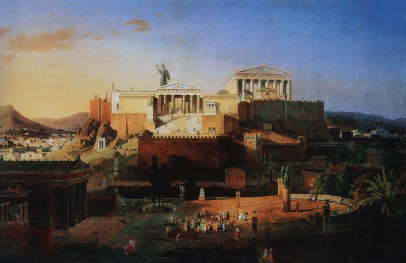 Ideale Ansicht der Stadt Athen mit Akropolis und Areopag. by Leo von Klenze. 1846. Motifs recorded: akropolis, athen, tempel, griechenland, himmel, statue, säulen, berge.