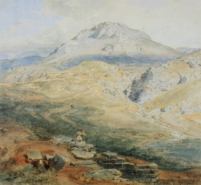 Das Atreusgrab in Mykene. by Karl Rottmann. 1834. Motifs recorded: berg, mauer, landschaft, mann, felsen, steine, tal, gebirge.