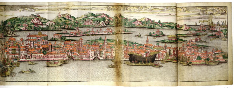 Ansicht der Stadt Venedig (Ausschnitt). by Bernhard von Breidenbach. 1486. Motifs recorded: stadt, berge, himmel, grün, wolken, hafen, häuser, wasser.