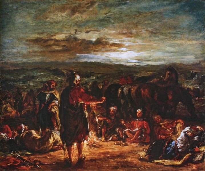 Arabisches Lager bei Nacht. by Eugène Delacroix. 1863. Motifs recorded: pferde, lagerfeuer, himmel, wolken, lager, abend, feuer, landschaft.