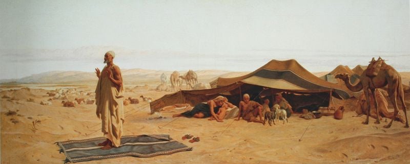 Abendgebet in der Wüste. by Frederick Goodall. 1872. Motifs recorded: gebet, zelt, wüste, teppich, sand, mann, kamel, kamele.