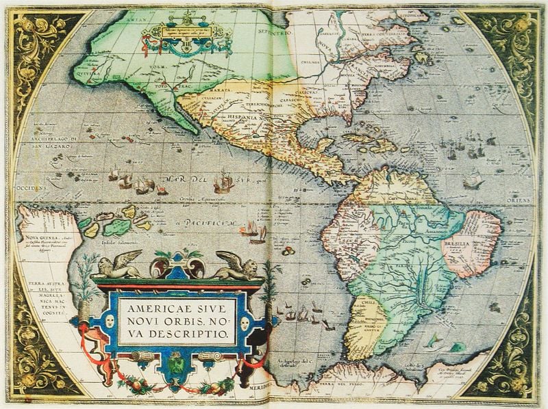 AMERICAE SIVE NOVI ORBIS NOVA DESCRIPTIO. by Abraham Ortelius. 1595. Motifs recorded: amerika, landkarte, weltkarte, schiffe, meer, gelb, ozean, grün.