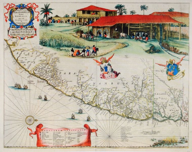 Ansicht einer Zuckermühle aus dem ""Atlas Mayor sive Cosmographia Blaviana [...]"". by Johannes Blaeuw. 1662. Motifs recorded: karte, landkarte, schiffe, rot, haus, legende, palmen, küste.