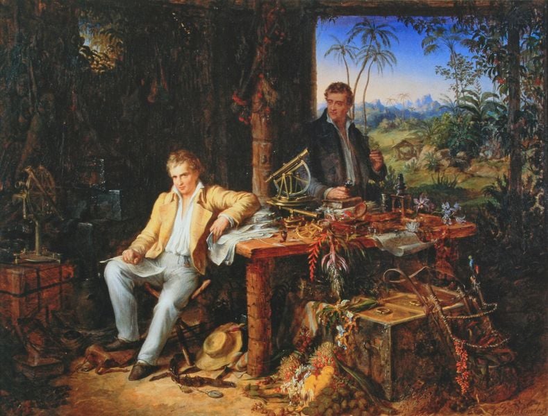Alexander von Humboldt und Aimé Bonpland in der Urwaldhütte. by Eduard Ender. 1856. Motifs recorded: männer, palmen, tisch, hut, berge, urwald, forscher, pflanzen.