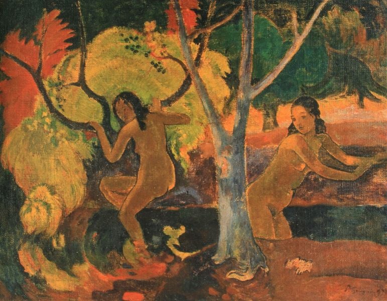 Badende auf Tahiti. by Paul Gauguin. 1897. Motifs recorded: frauen, baum, nackt, rot, baden, bunt, gauguin, grün.